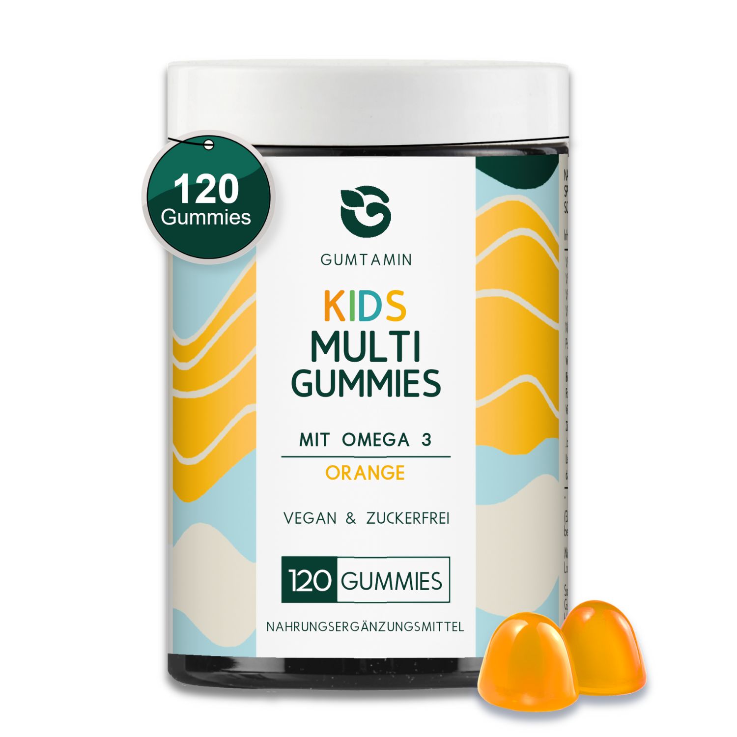 Dose mit Kinder Multi Gummies. Aufschrift: Gumtamin, Kids Multi Gummies, Orange, vegan & zuckerfrei, 120 Gummies. Zwei orangefarbene Gummibärchen.