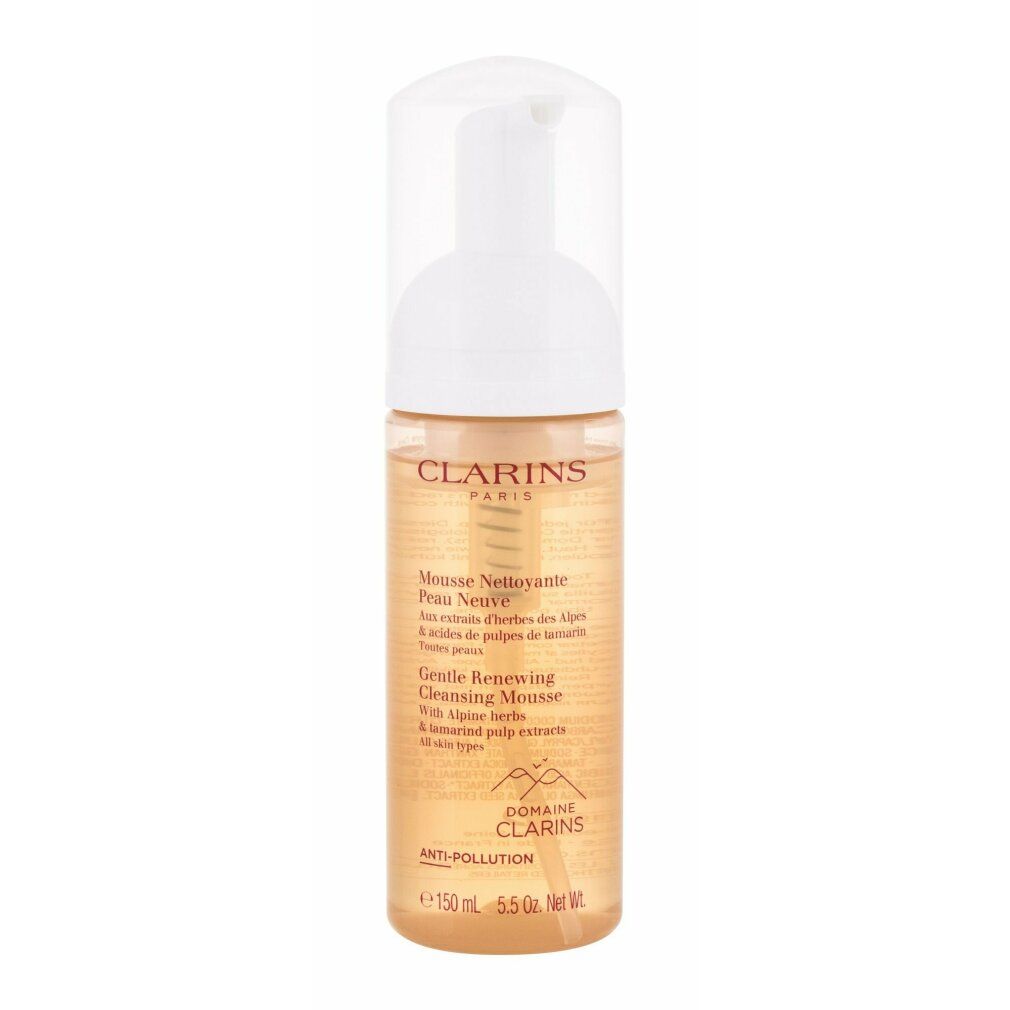 Clarins Gentle Renewing Cleansing Mousse. Flasche mit Pumpverschluss. Klarer Behälter mit gelblicher Flüssigkeit. Text auf Etikett.