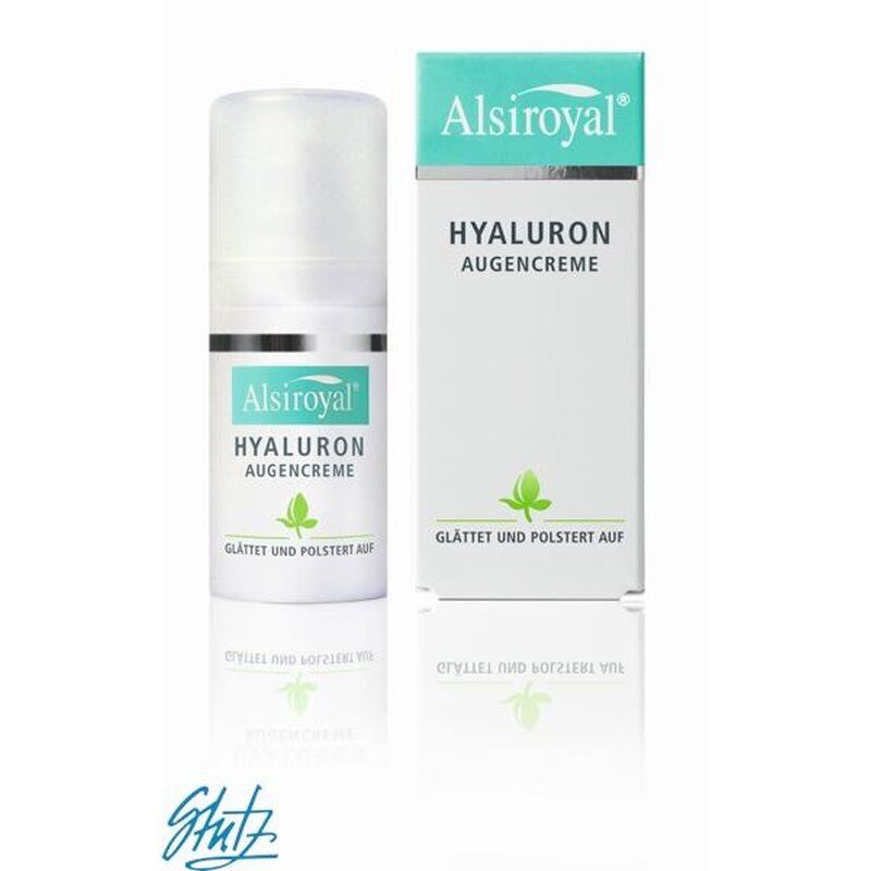 Creme-Flakon und Schachtel. Aufschrift: Alsiroyal Hyaluron Augencreme. Glättet und polstert auf. Grün-weiße Verpackung.