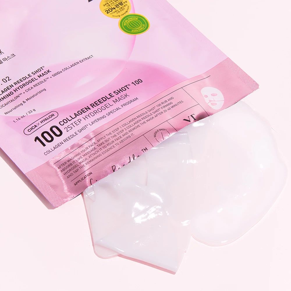 Verpackung mit Collagen Reedle Shot und Hydrogel Maske. Rosa Verpackung mit Text und Maske.