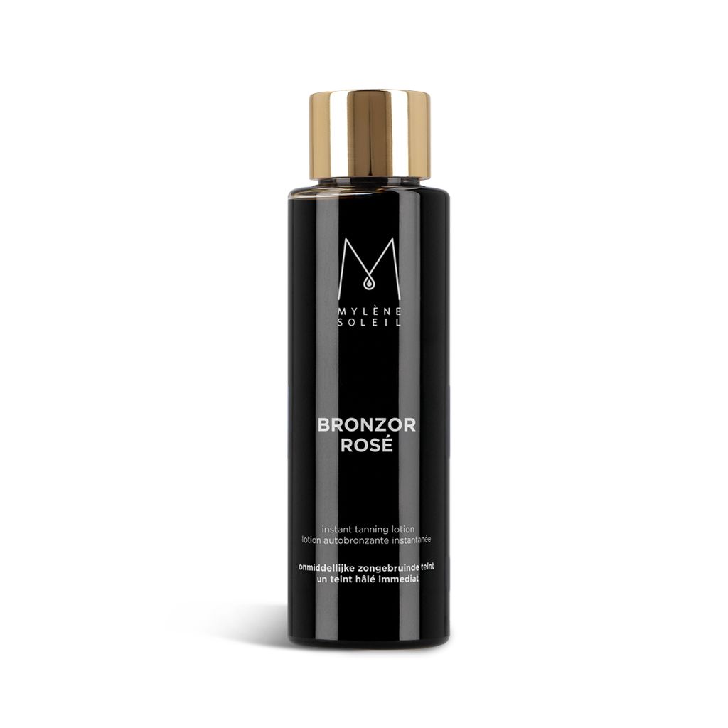 Schwarze Flasche mit goldener Kappe. Text: Mylène Soleil, Bronzor Rosé, Instant Tanning Lotion.