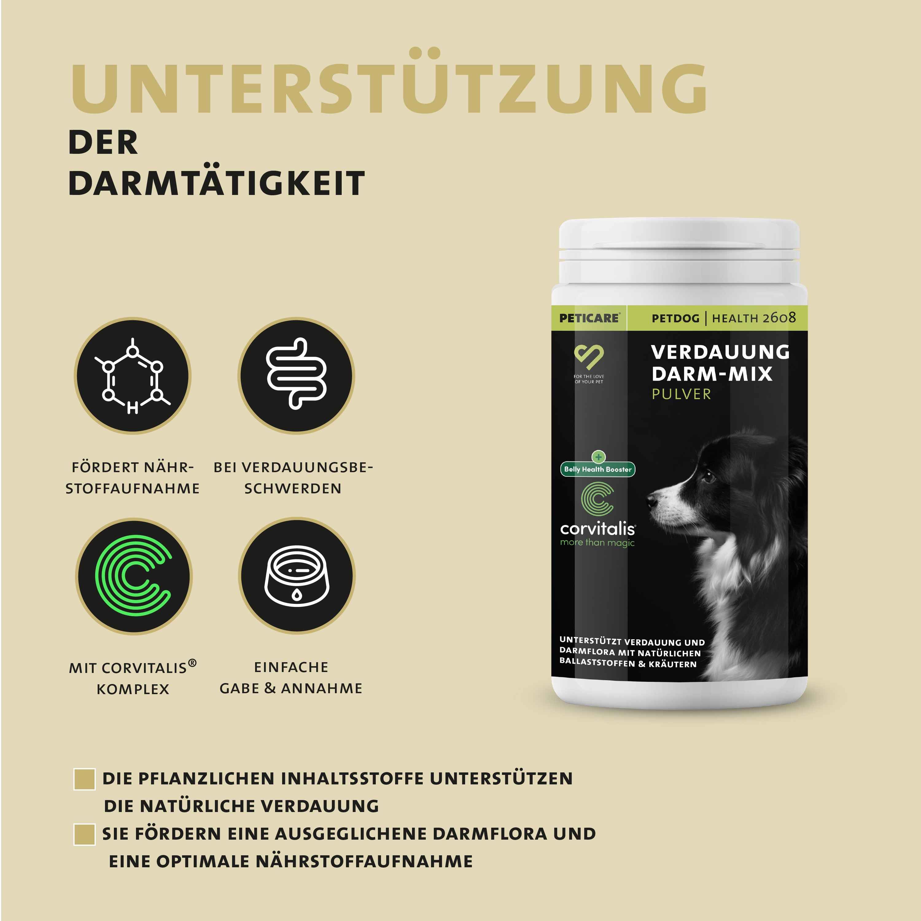 Peticare Natürliches Ergänzungsfutter Verdaaung & Darmflora Pulver für Hunde