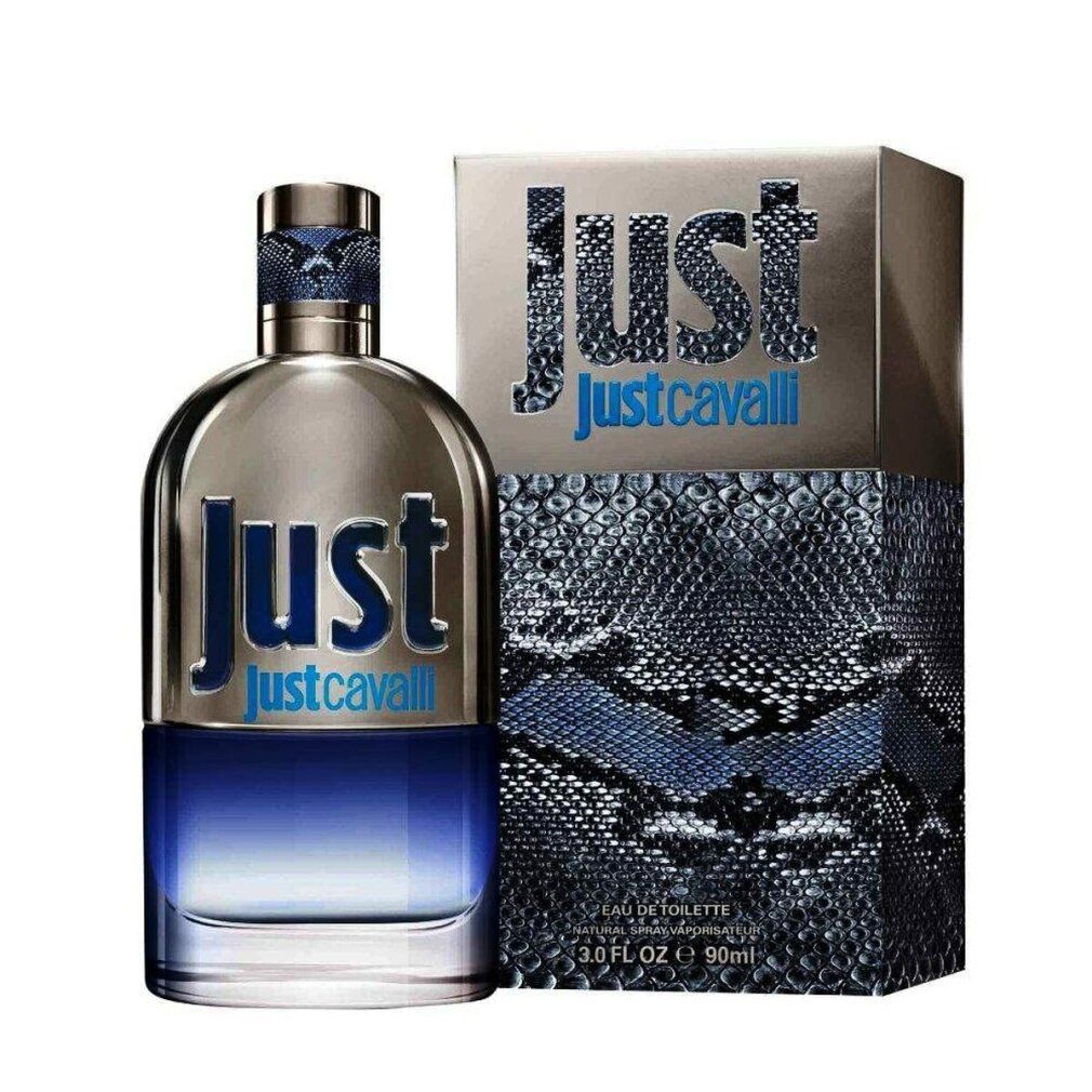 Flakon und Verpackung. Flakon mit silberfarbenem Deckel und blauer Flüssigkeit. Verpackung mit "Just Justcavalli".