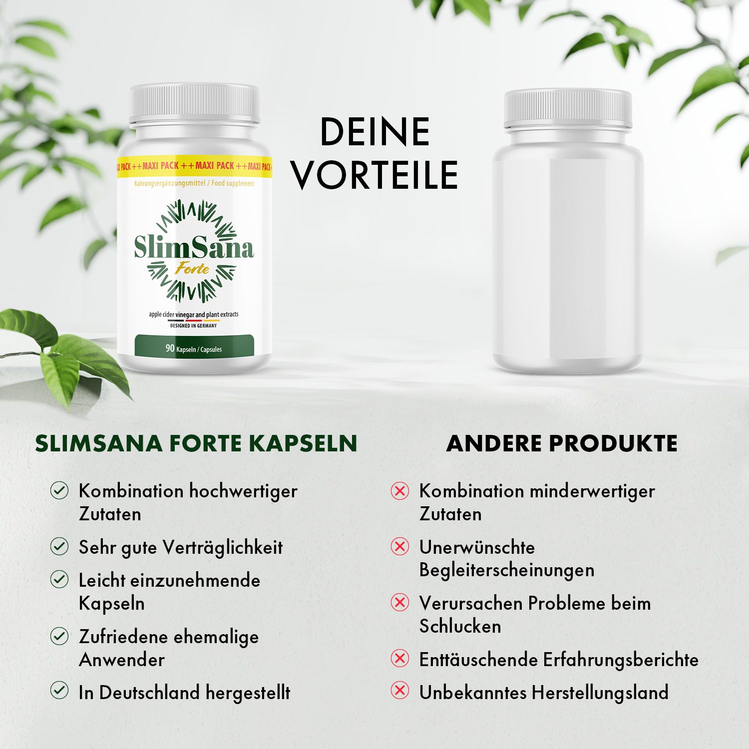 SlimSana Forte Flasche und leere Flasche. Aufschrift: 90 Kapseln. Text: Kombination hochwertiger Zutaten. Gegenüber: Andere Produkte, negative Eigenschaften.