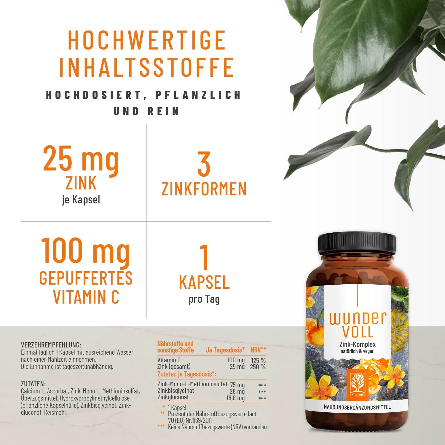 Zink Kapseln hochdosiert - Komplex aus drei Zinkformen - WUNDERVOLL - NATURTREU®