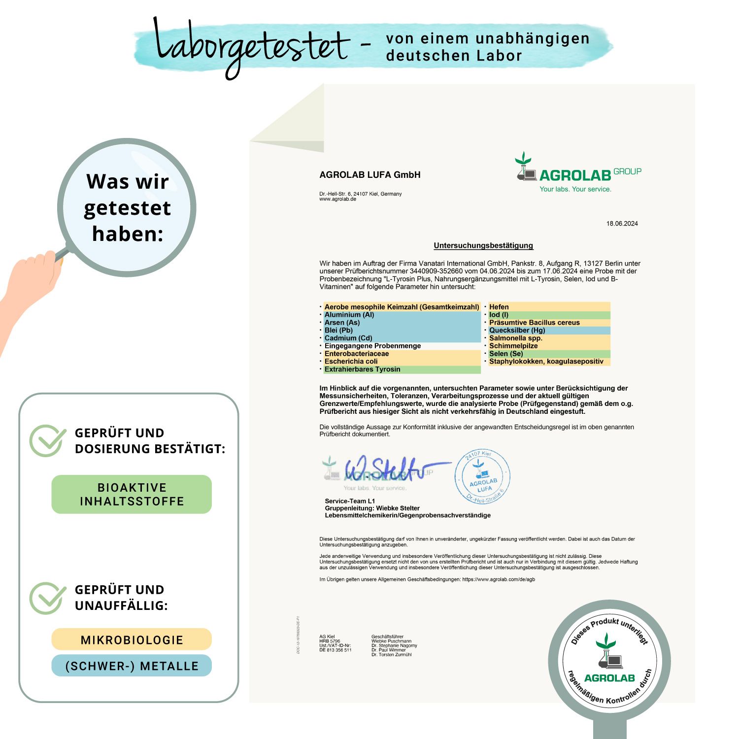 Laborbericht mit Logo von AGROLAB. Bestätigung von Bioaktiven Inhaltsstoffen und Mikrobiologie.