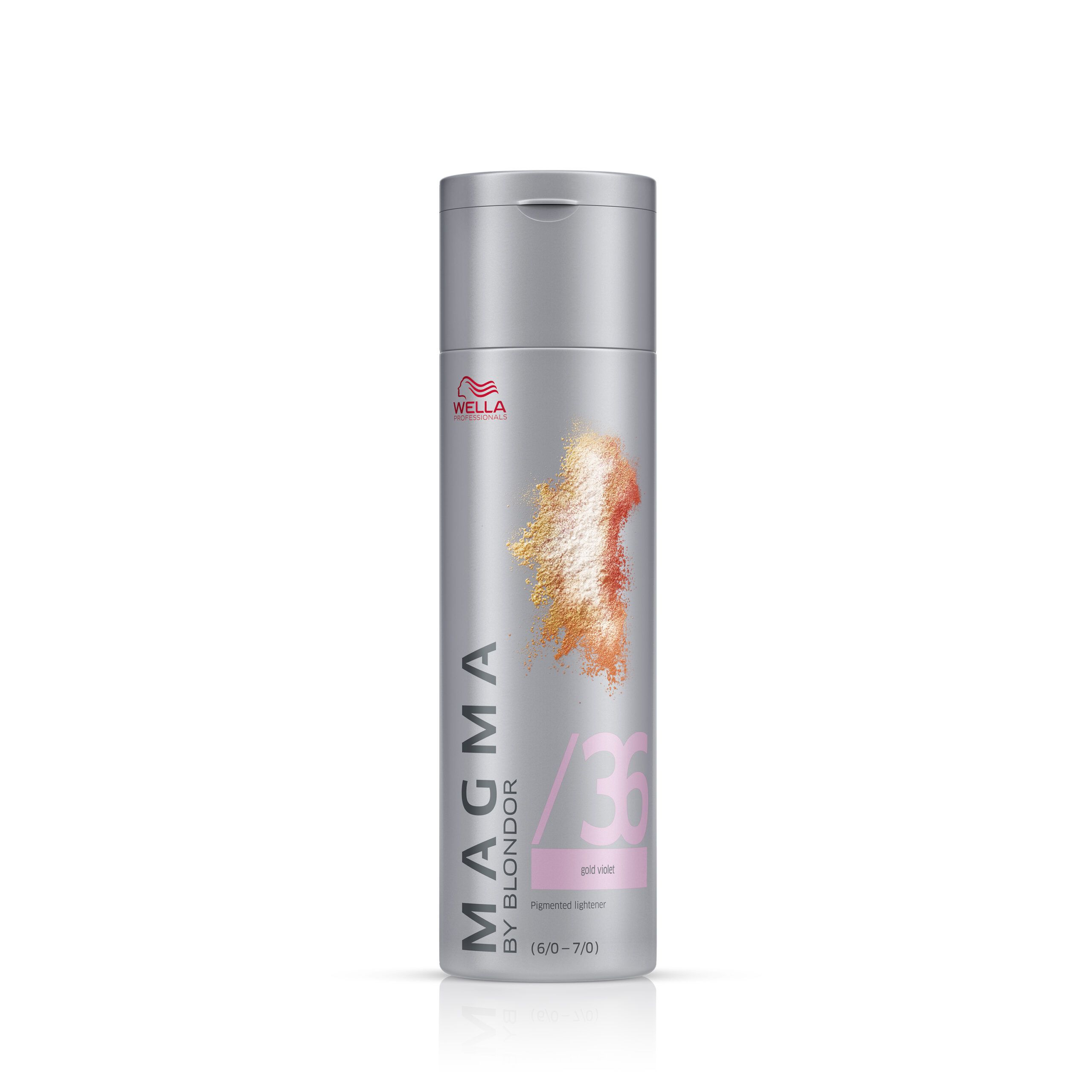 Silberne Flasche mit Wella-Logo und Aufschrift MAGMA BY BLONDOR /36 Gold Violett. Farbabbildung.