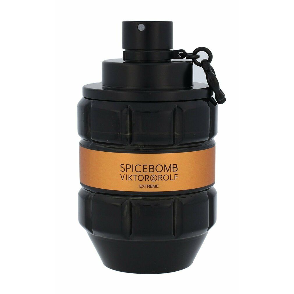 Schwarzer Flakon mit goldfarbenem Band. Aufschrift: SPICEBOMB VIKTOR&ROLF EXTREME. Schwarzer Verschluss mit Anhänger.