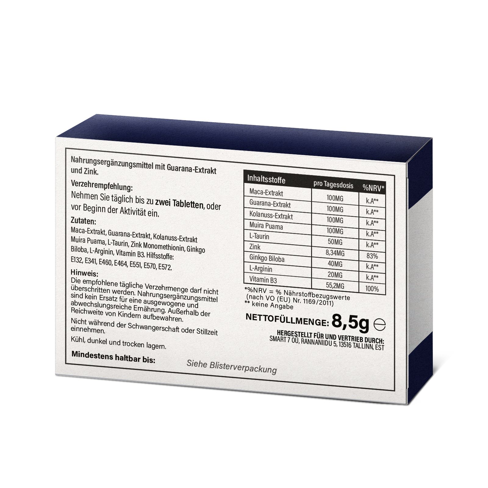 Produktverpackung mit Inhaltsstoffangaben. Enthält: Maca-Extrakt, Guarana-Extrakt, L-Taurin, Zink, L-Arginin, Vitamin B3.
