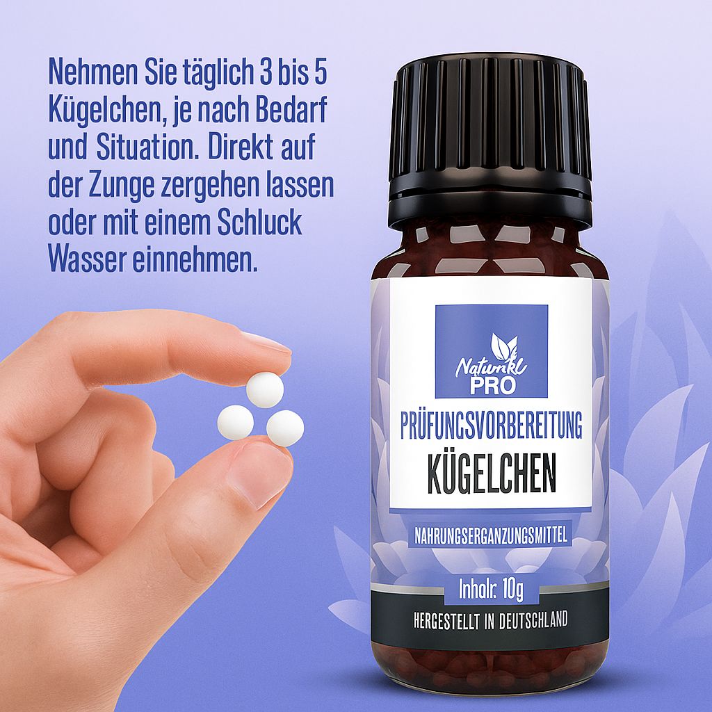 Hand hält Kügelchen neben Flasche "Natural Pro Prüfungsvorbereitung Kügelchen". Braune Glasflasche mit schwarzem Deckel. Etikett sichtbar.