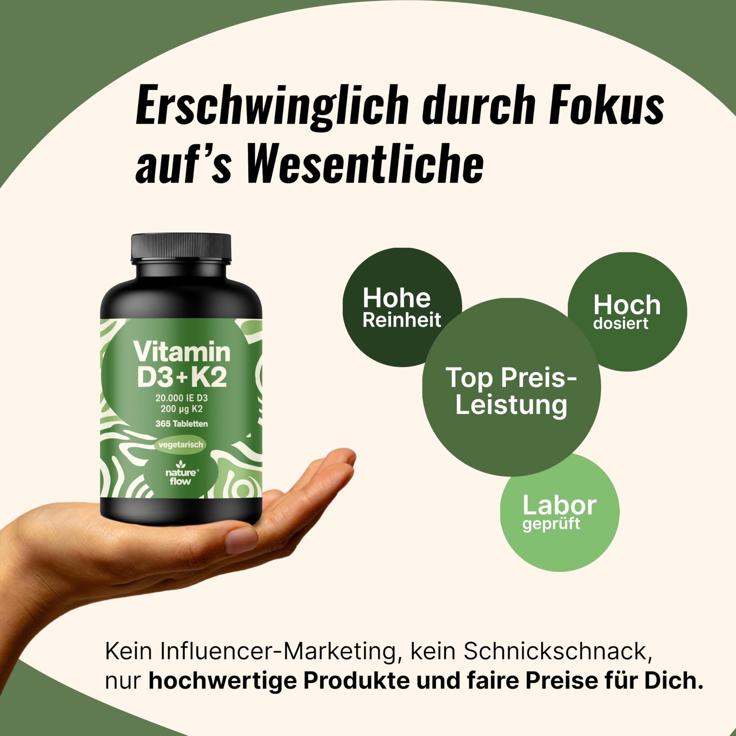 Hand hält Flasche. Text: Hohe Reinheit, Top Preis-Leistung, Labor geprüft, hoch dosiert. Flasche: Vitamin D3+K2, 365 Tabletten, vegetarisch.