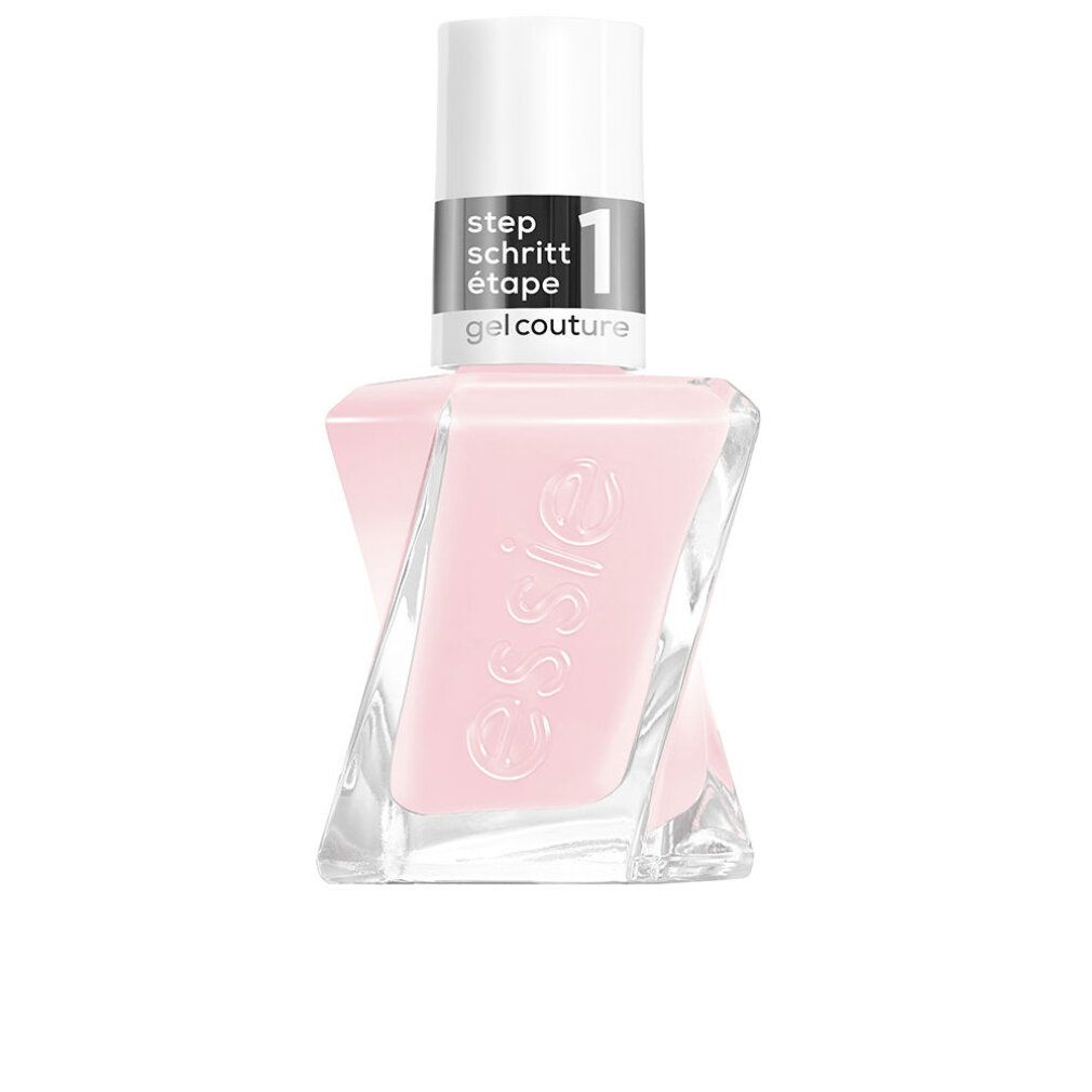 Essie Gel Couture Nagellack in zartrosa. Glasflasche mit weißem Deckel und silbernem Band mit Aufschrift 'step schritt étape 1'.