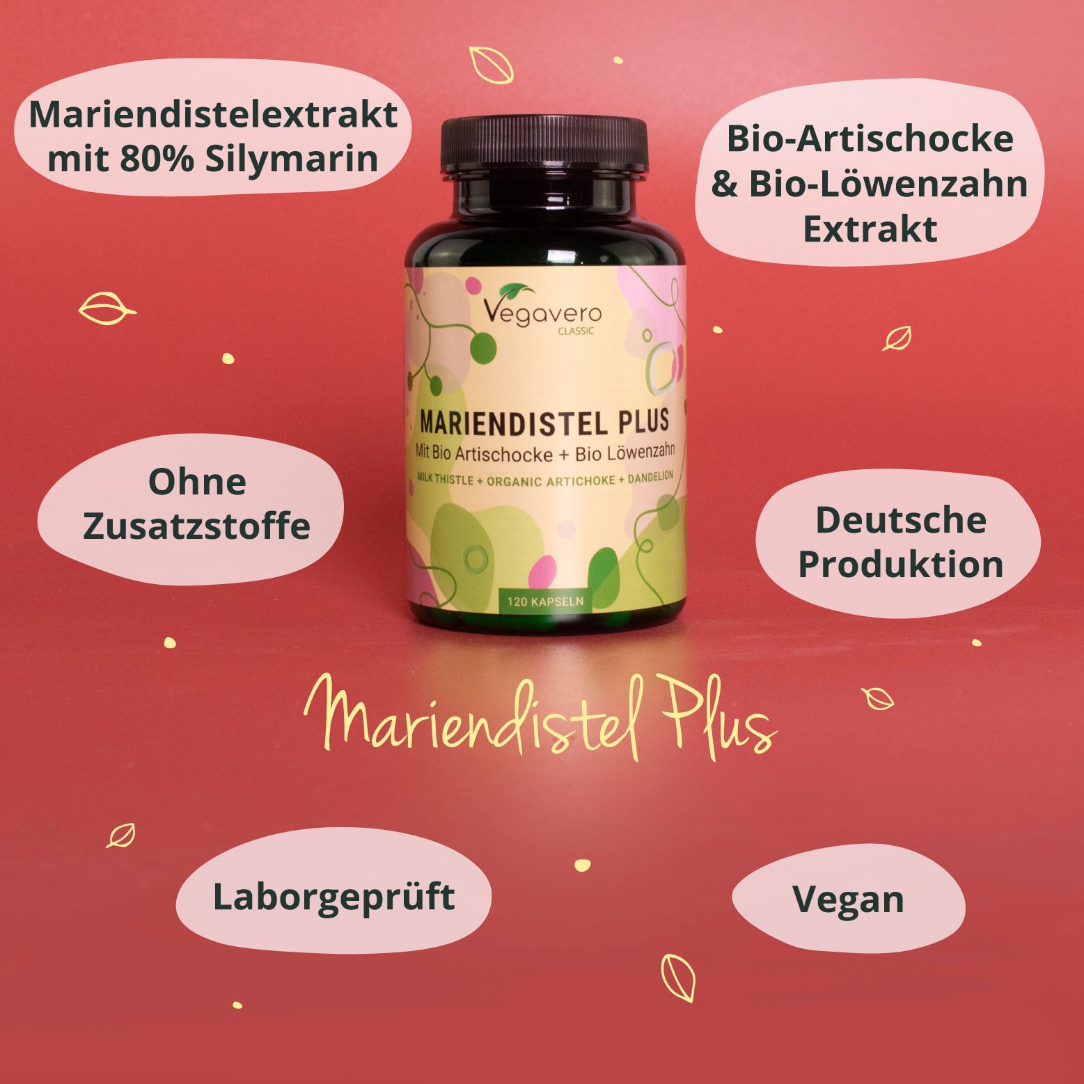 Mariendistel Plus Flasche mit Text: Mariendistel Extrakt, Bio-Artischocke, ohne Zusatzstoffe, vegan, Laborgeprüft.