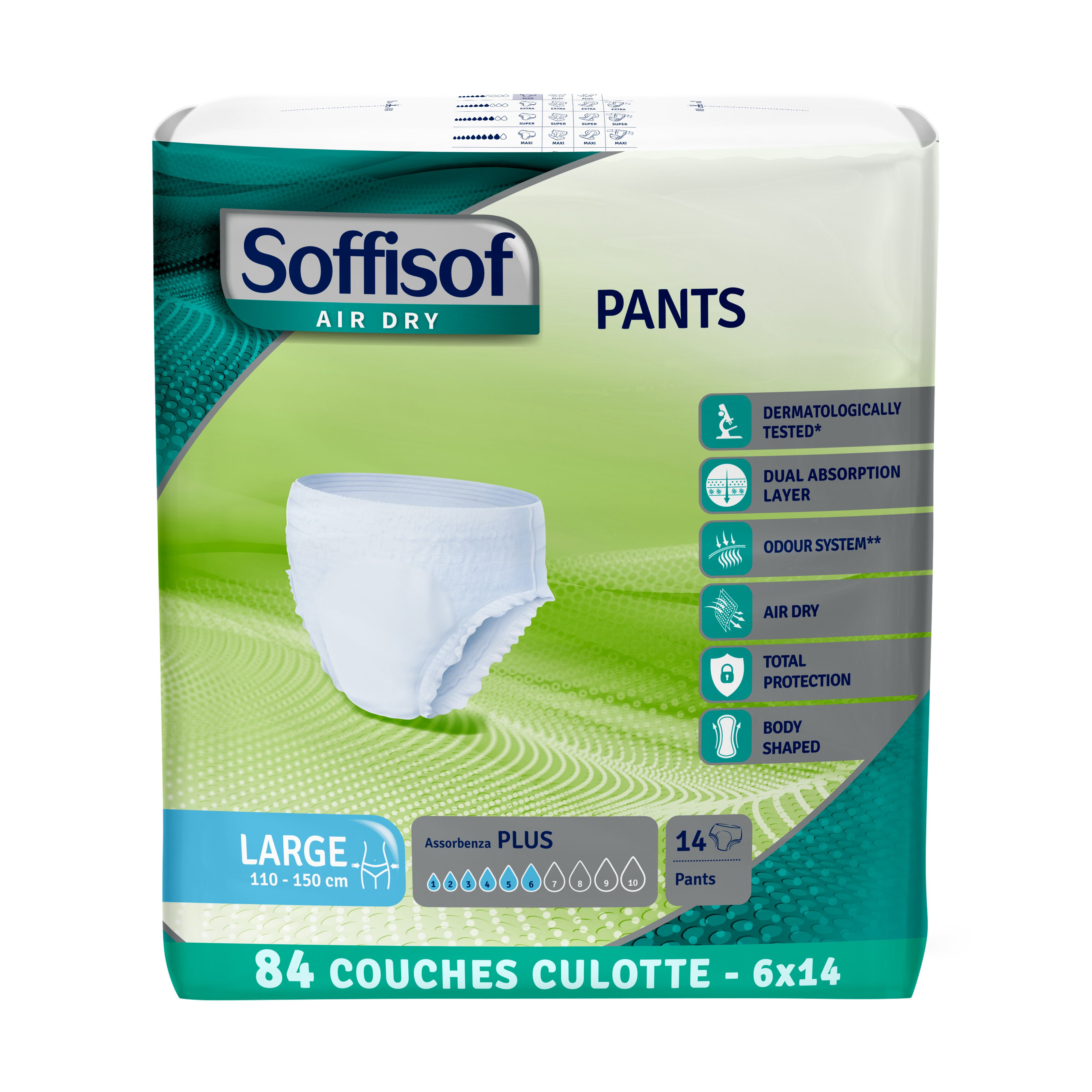 Soffisof Pants Plus. Culottes absorbantes blanches, taille Large, 110-150 cm. Paquet de 14. Inscriptions: Air Dry, Plus, 84 culottes.