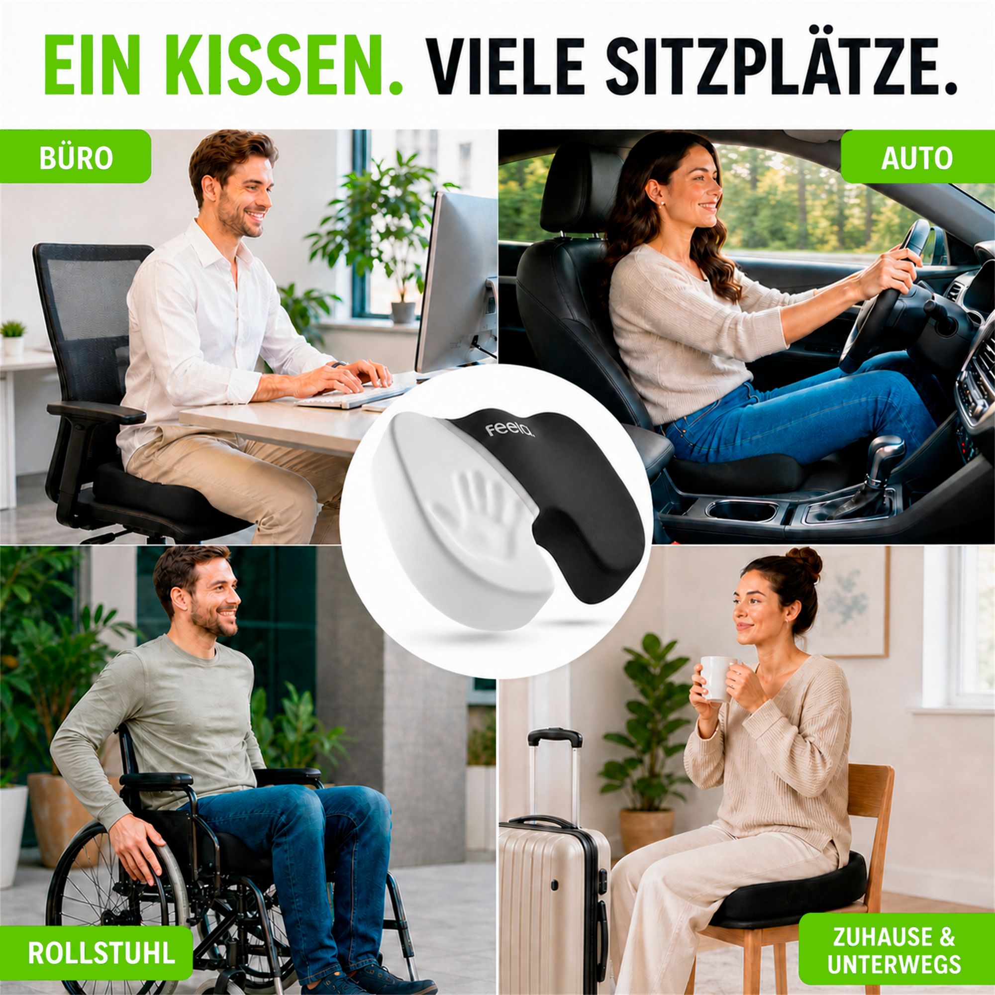 Vier Szenarien: Büro, Auto, Rollstuhl, Zuhause. Kissen für verschiedene Sitzplätze.