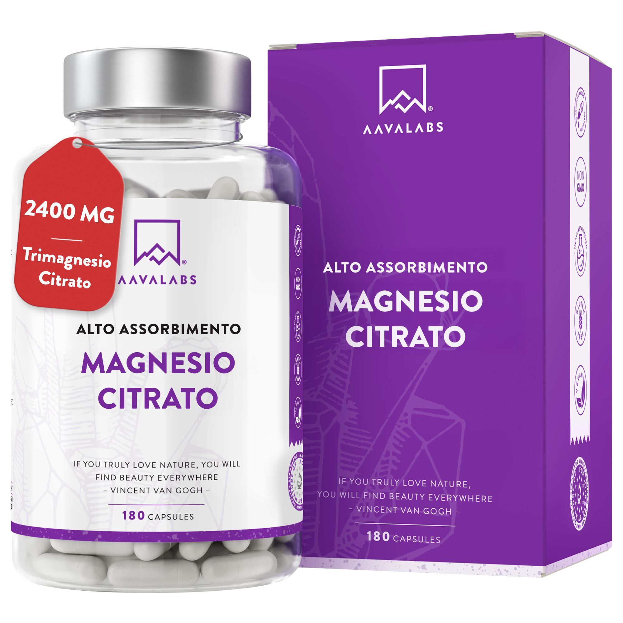 Magnesium Citrat-Kapseln in einer Flasche und Box. Box mit Text: Alto Assorbimento Magnesio Citrato. 180 Kapseln.