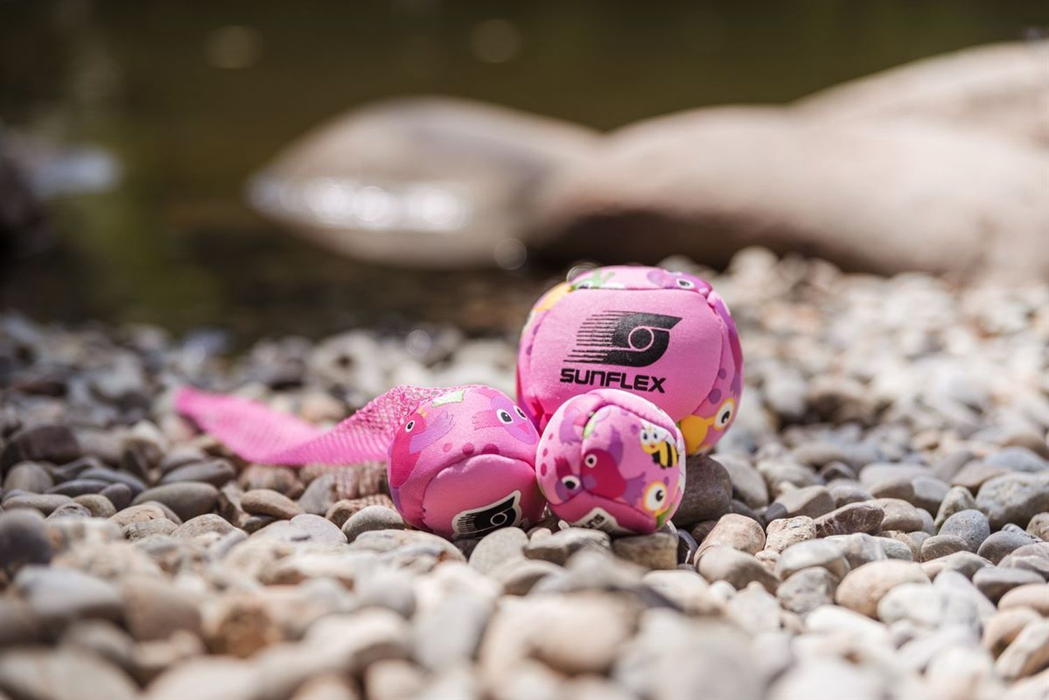 Drei pinke Wurfball-Sets auf Steinen. Auf den Bällen steht SUNFLEX. Die Bälle sind mit Vögeln und Bienen bedruckt.