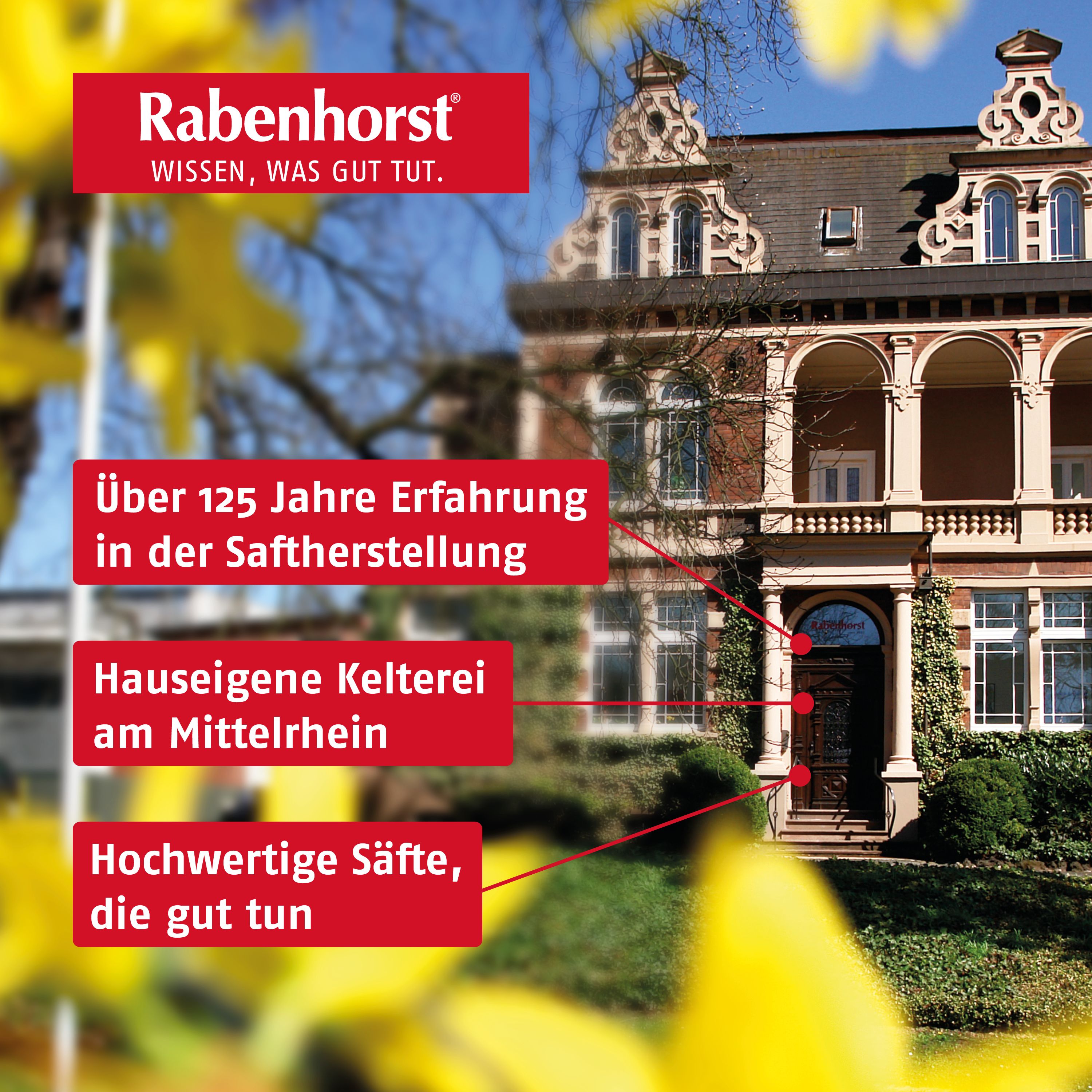 Rabenhorst Gebäude mit Text über Erfahrung in der Saftherstellung.