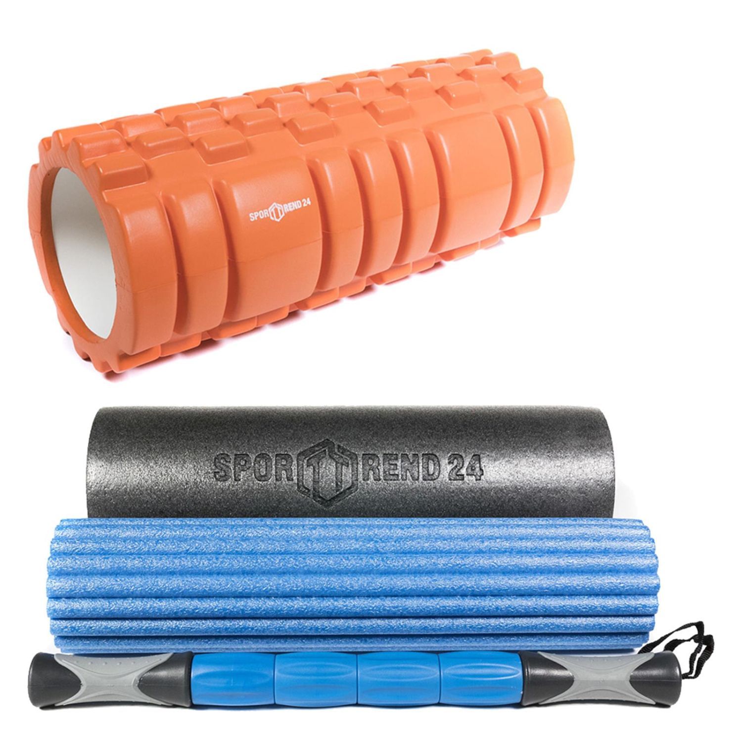 Orange Faszienrolle mit Noppen, schwarze und blaue Faszienrollen, sowie ein Massage-Stick. Alle mit Logo.