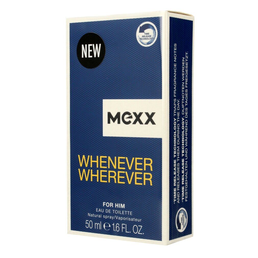 Blauer Karton mit weißem Logo und Text: Mexx Whenever Wherever For Him. 50 ml. Mit 'NEW'.
