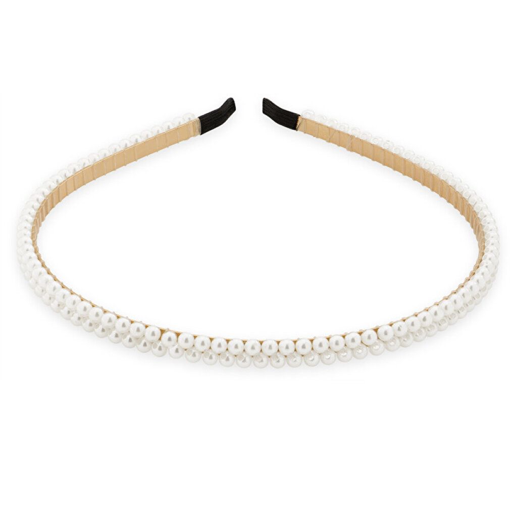 Perlenstirnband. Weißes Perlenband, goldfarbener Rahmen, schwarze Enden. Rundes Design.