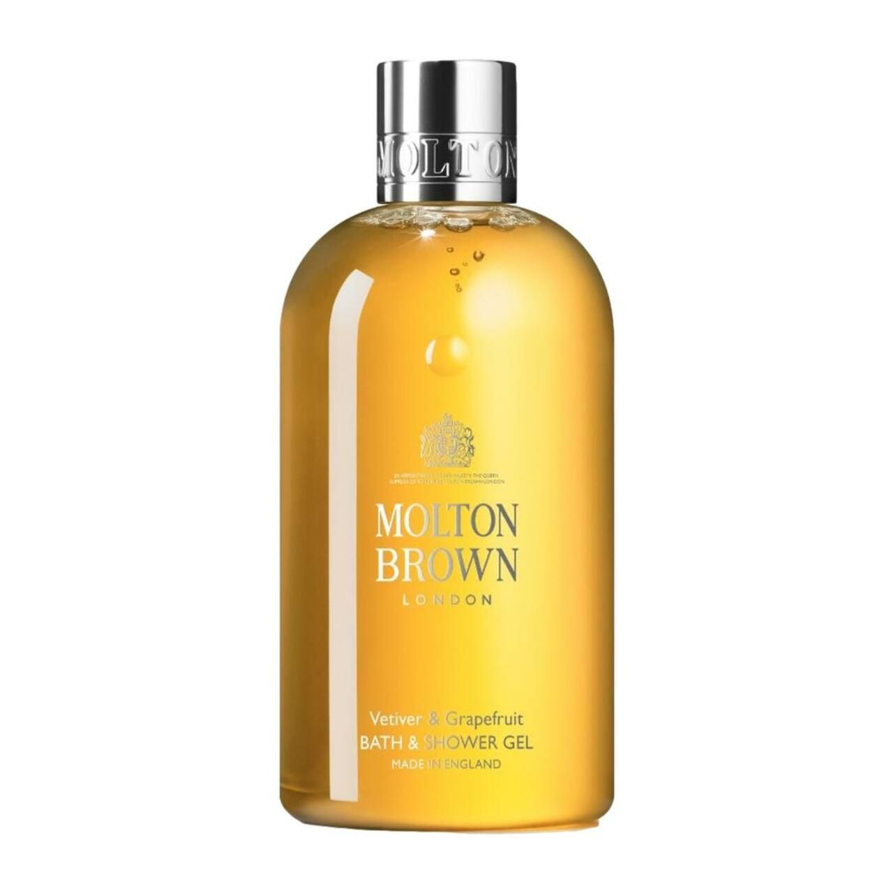Gelbe Flasche mit silbernem Deckel. Aufschrift: Molton Brown London, Vetiver & Grapefruit Bath & Shower Gel.
