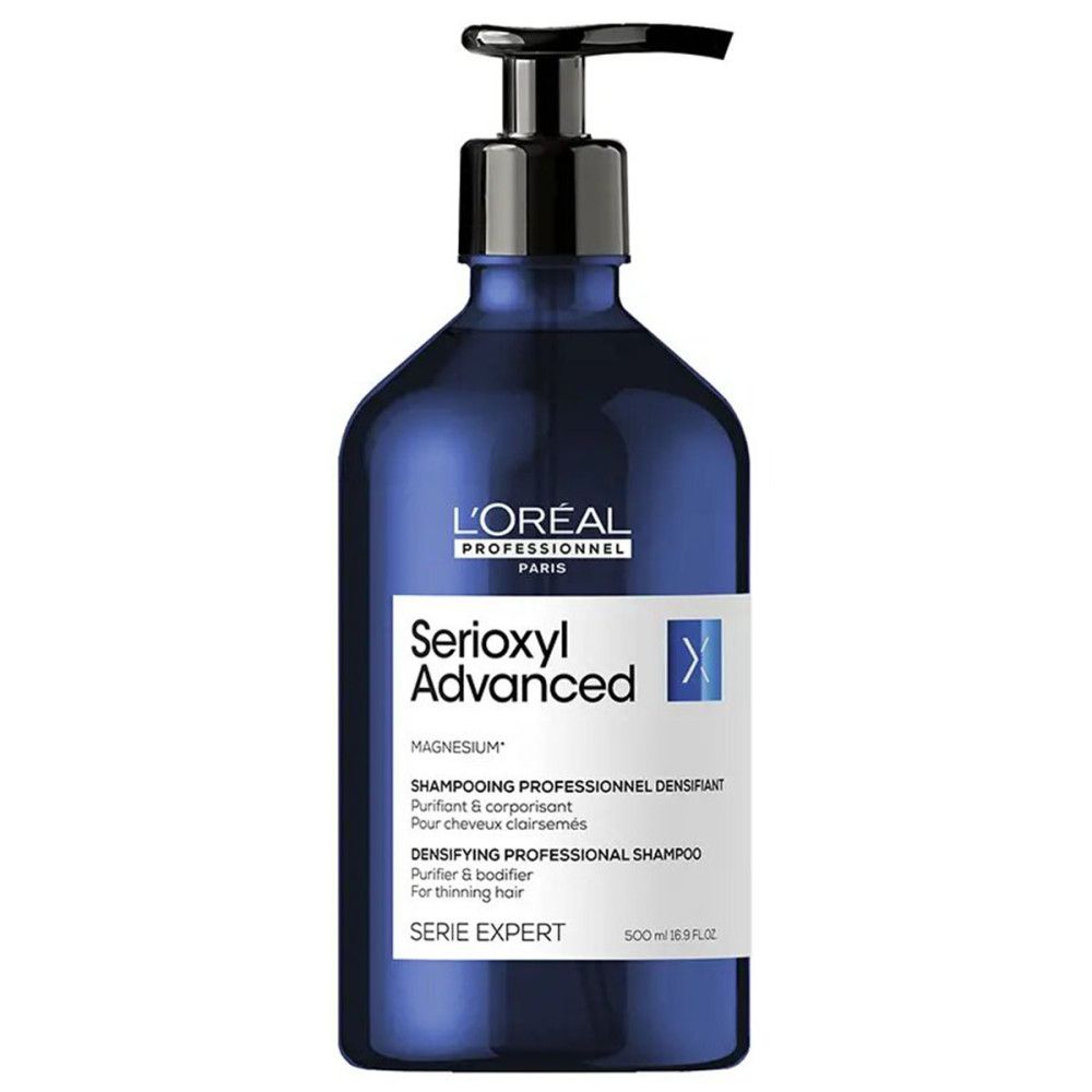 Blau-schwarze Flasche L'Oréal Professionnel Serioxyl Advanced Shampoo mit Pumpe. Weißer Aufdruck, Produktname und Text.