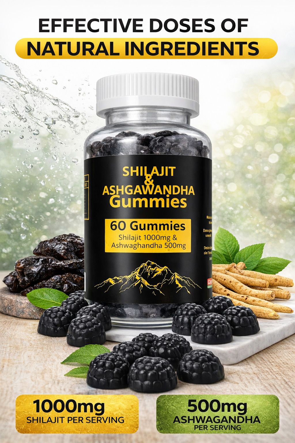 Glas mit Shilajit & Ashwagandha Gummies. Schwarze Gummibärchen, 1000mg Shilajit, 500mg Ashwagandha. 60 Gummies.