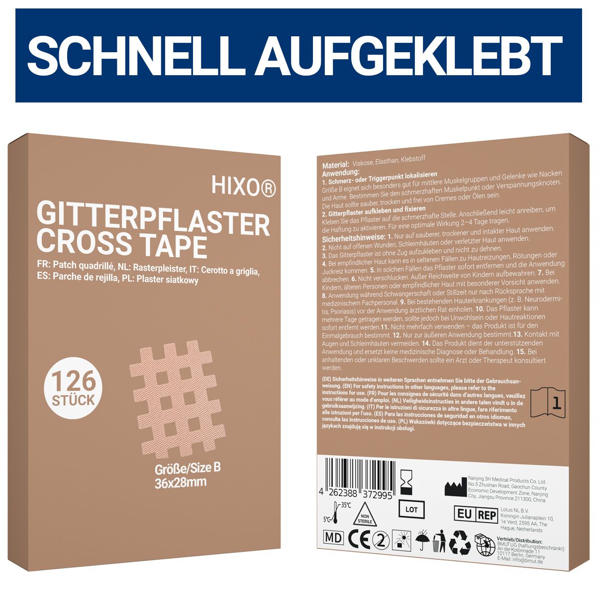 HIXO Gitterpflaster Cross Tape Packung, Vorder- und Rückseite. 126 Stück, Größe B (36x28mm).