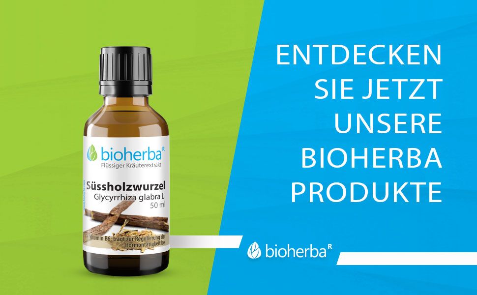 Braune Glasflasche mit schwarzem Deckel. Etikett mit Produktnamen und Logo. Text: Entdecken Sie jetzt unsere Bioherba Produkte.