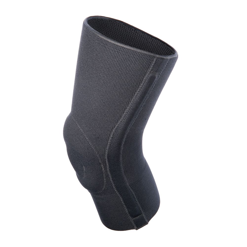 Dunkelgraue Kniebandage aus flexiblem Material mit eingearbeiteten Verstärkungen im Kniebereich.
