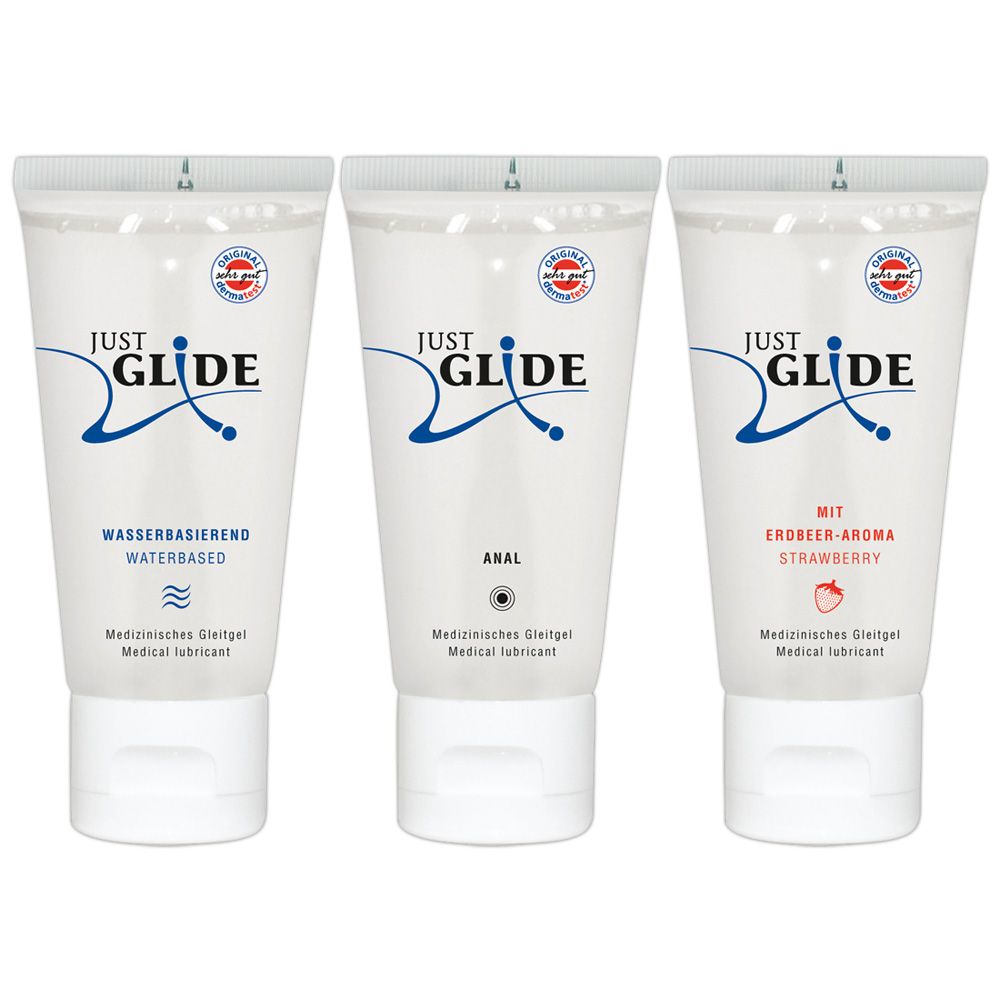 Drei Tuben JUST GLIDE med.Gleitgel. Wasserbasiert, Anal, Erdbeer-Aroma. Medizinprodukt. 200 ml.