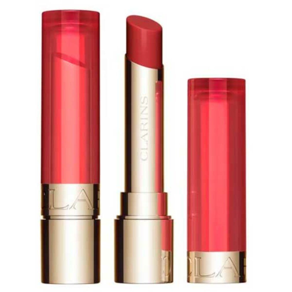Lippenbalsam mit geöffneter und geschlossener Hülse. Goldfarbener Boden, transparenter Deckel. Produktname: CLARINS.