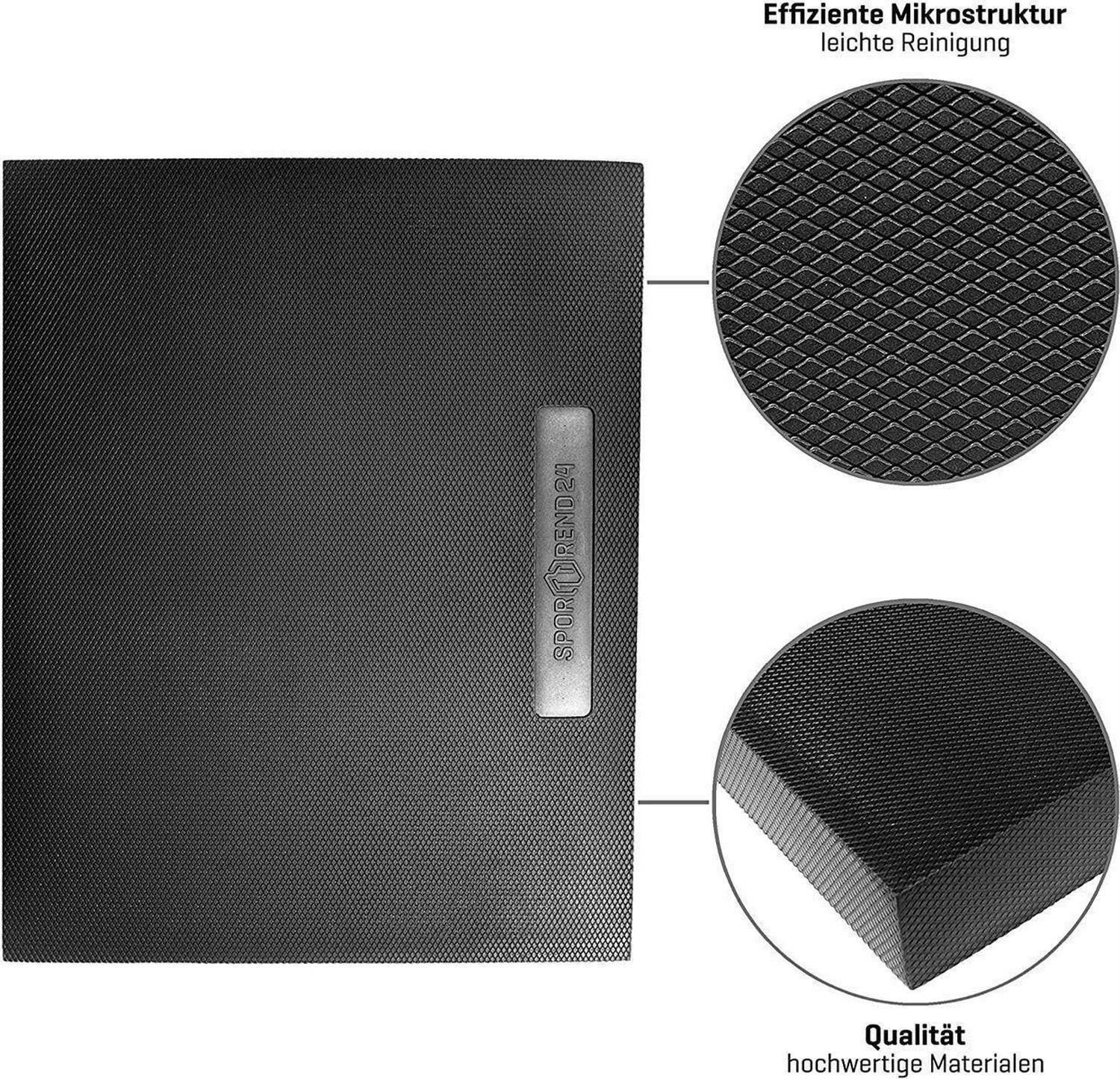 Schwarzes Balance Pad mit geprägtem Schriftzug Sporttrend24. Detailansicht der Oberfläche mit Rautenmuster und Material.