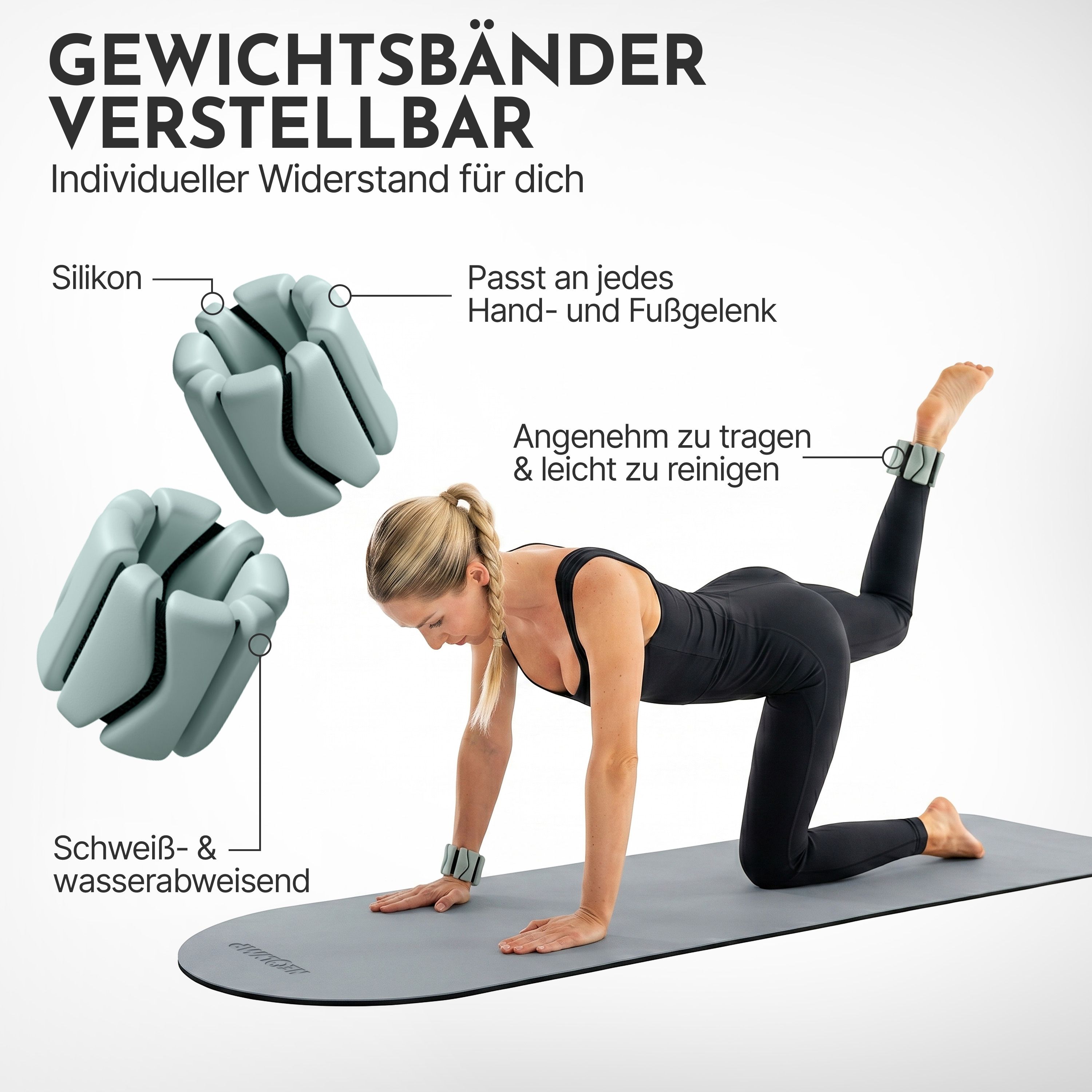 Verstellbare Gewichts-Manschetten aus Silikon. Schweiß- und wasserabweisend, für Hand- und Fußgelenke.