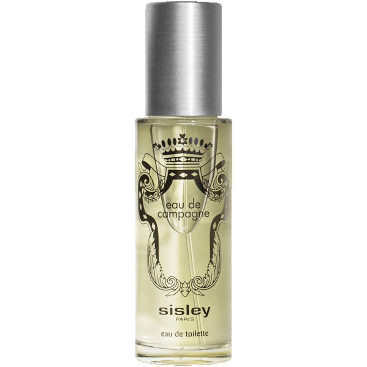 Parfümflakon mit silbernem Deckel. Aufschrift: Eau de Campagne, Eau de Toilette, Sisley Paris.