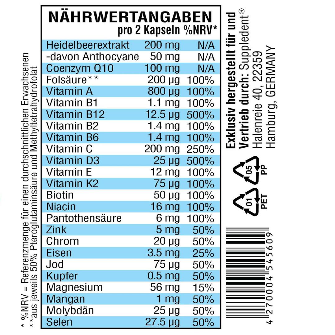 Nährwertangaben pro 2 Kapseln. Enthält Heidelbeerextrakt, Coenzym Q10, Folsäure, Vitamine, Mineralstoffe. Exklusiv hergestellt für: SUPPLEDENT.