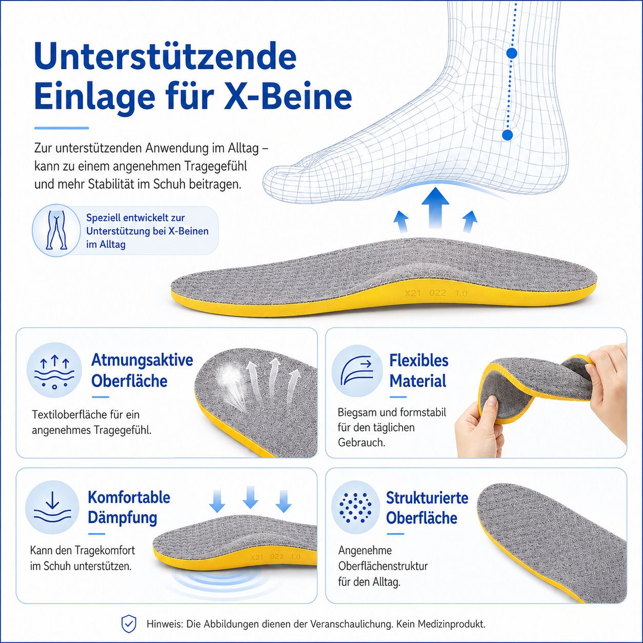Keilförmige Einlage für X-Beine mit atmungsaktiver Oberfläche, flexiblem Material und Dämpfung.