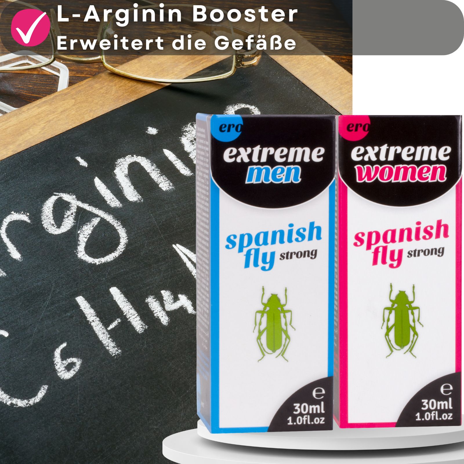 Zwei Schachteln mit "Spanish Fly". Auf den Schachteln steht "extreme men" und "extreme women". Im Hintergrund ein Paar.