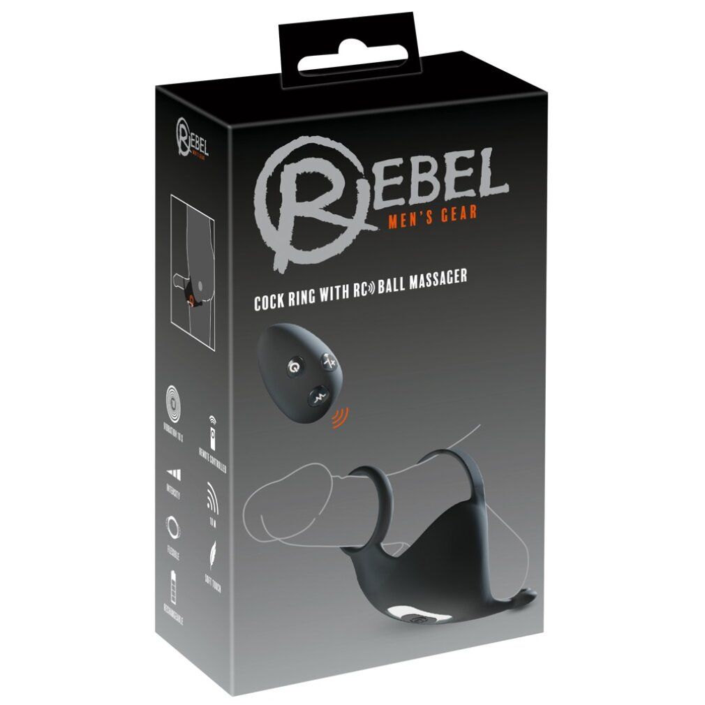 Verpackung mit Penis- und Hodenring. Marke REBEL. Text: Cock Ring with RC Ball Massager.