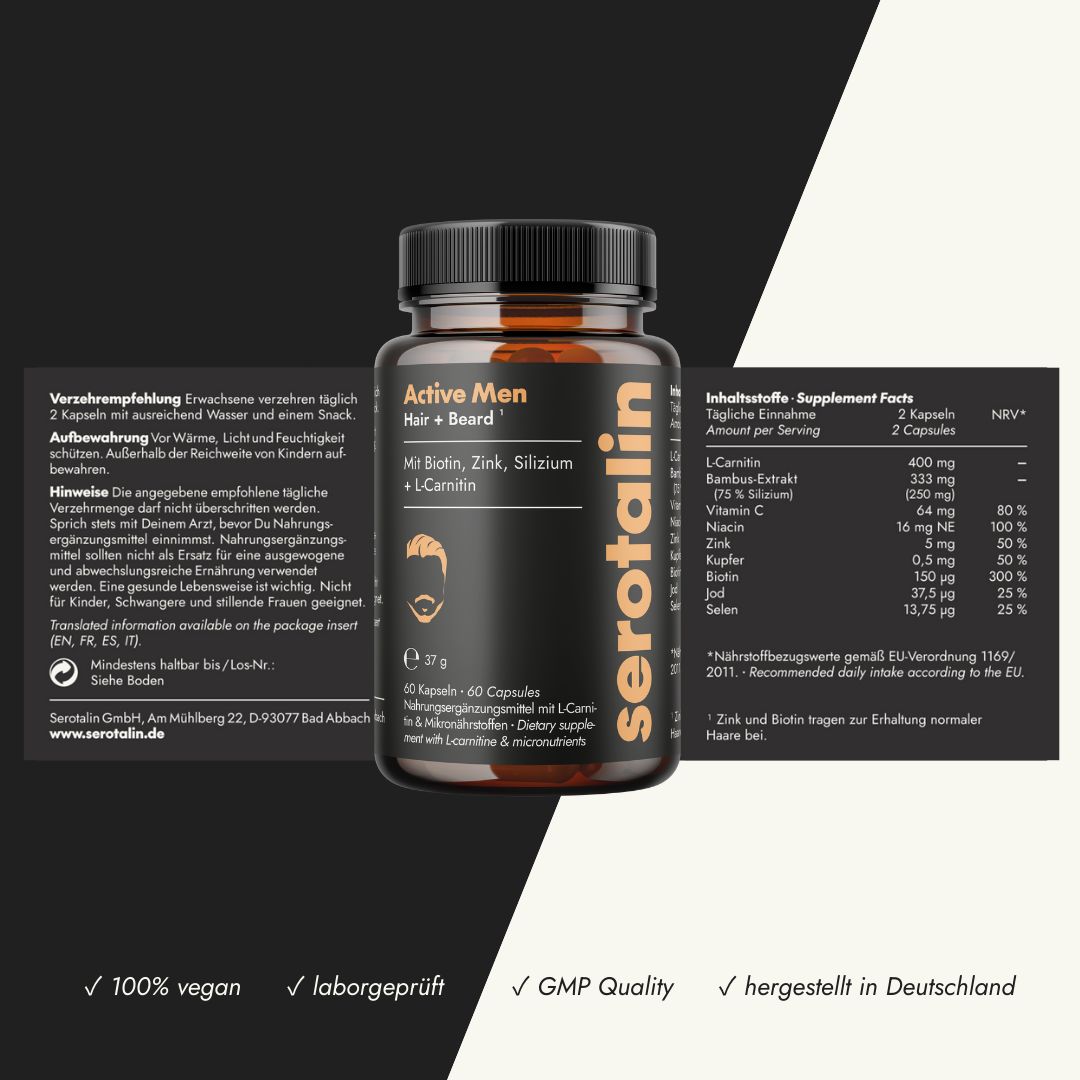 Braune Kapsel-Dose mit 'Active Men Hair + Beard'. Inhaltsstoffe: Biotin, Zink, Silizium, L-Carnitin. 60 Kapseln. Supplement Facts.