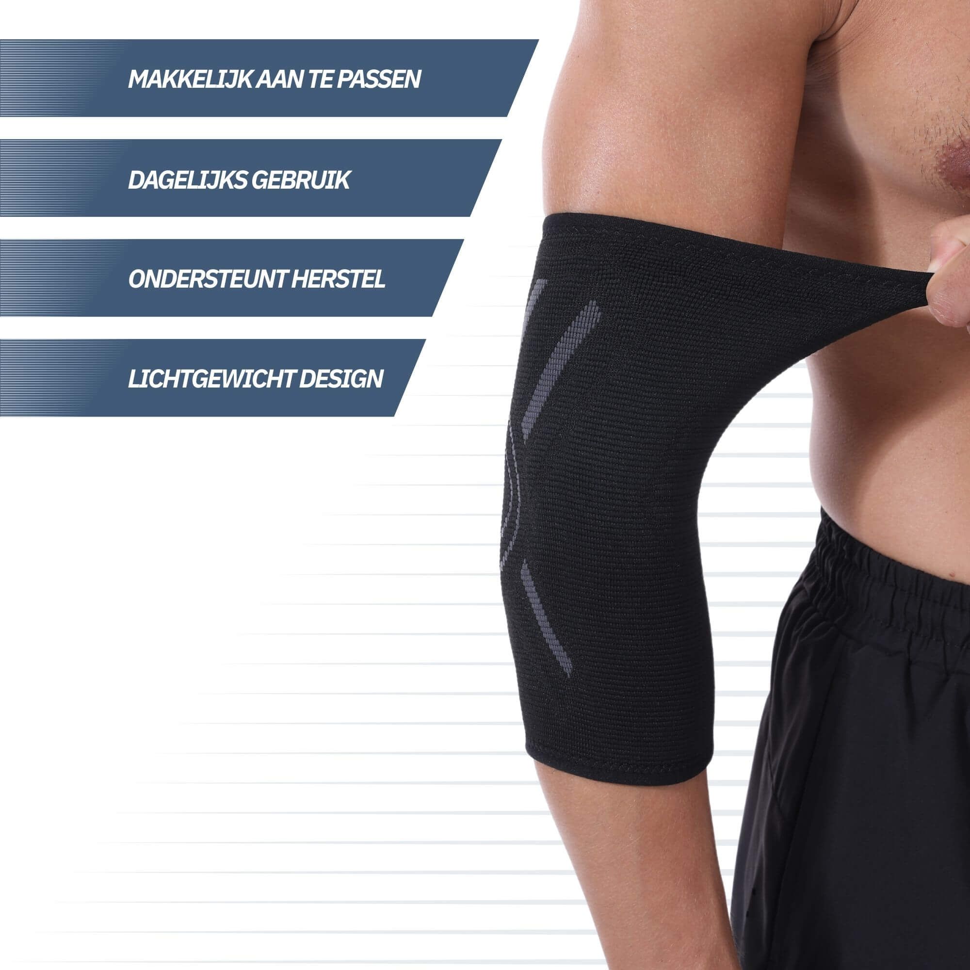 Ellbogenbandage aus schwarzem Stoff mit grauen Akzenten, von Mann getragen.