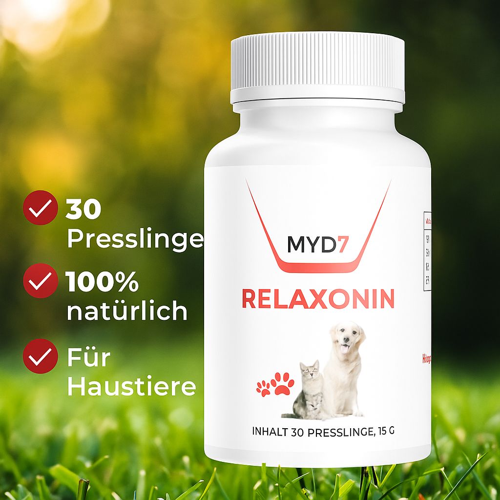 Weiße Flasche mit roter Aufschrift MYD7 Relaxonin. Abbildung von Katze und Hund. Inhalt: 30 Presslinge, 15 G. Text: Für Haustiere.