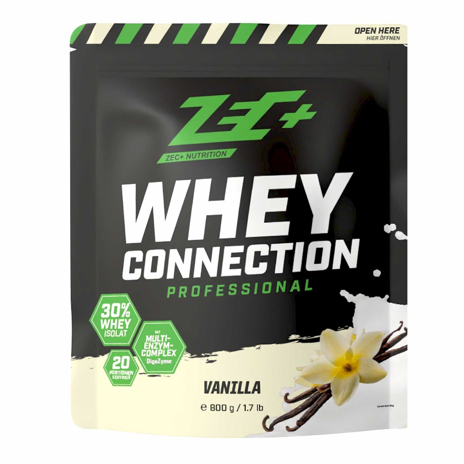 Beutel mit ZEC+ Whey Connection Professional Vanille. Enthält 30% Whey Isolat, Multi-Enzym-Komplex und 20 Portionen.