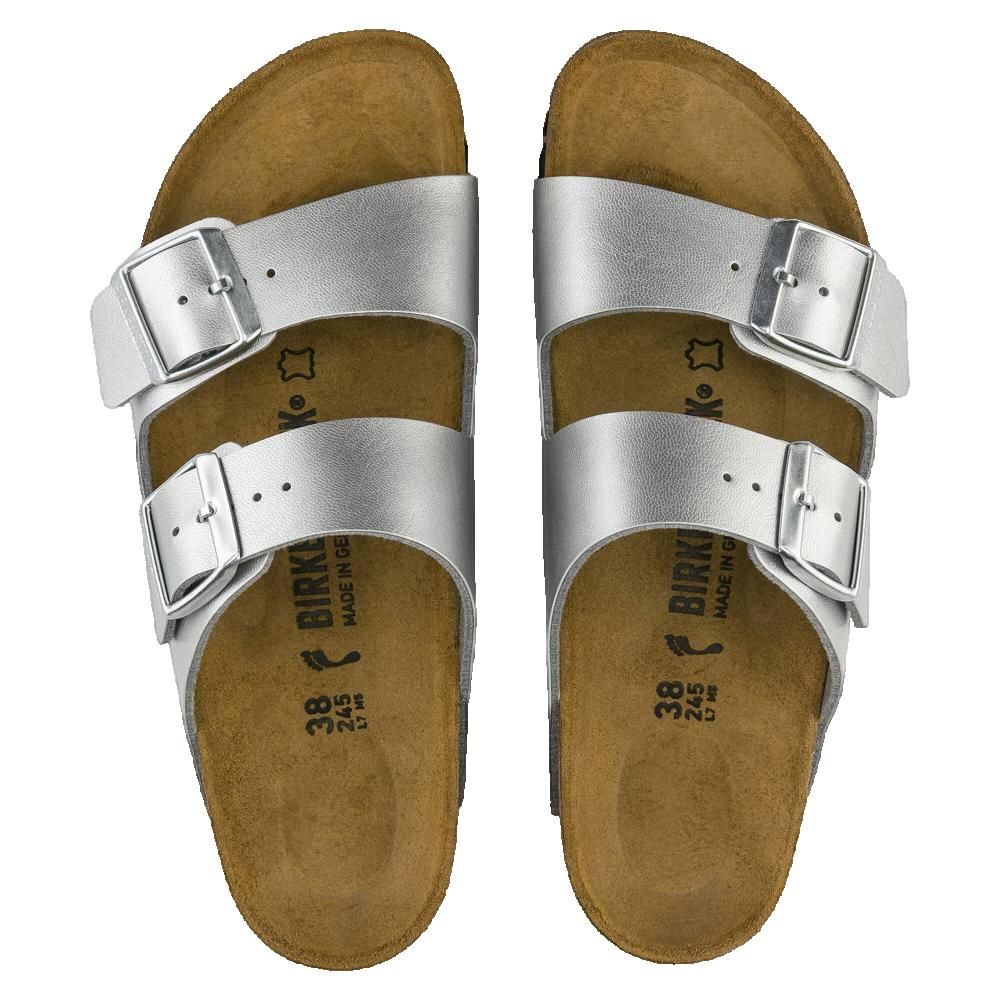 Paio di sandali argento. Due cinturini con fibbie. Plantare in sughero. Taglia 38. Birkenstock.