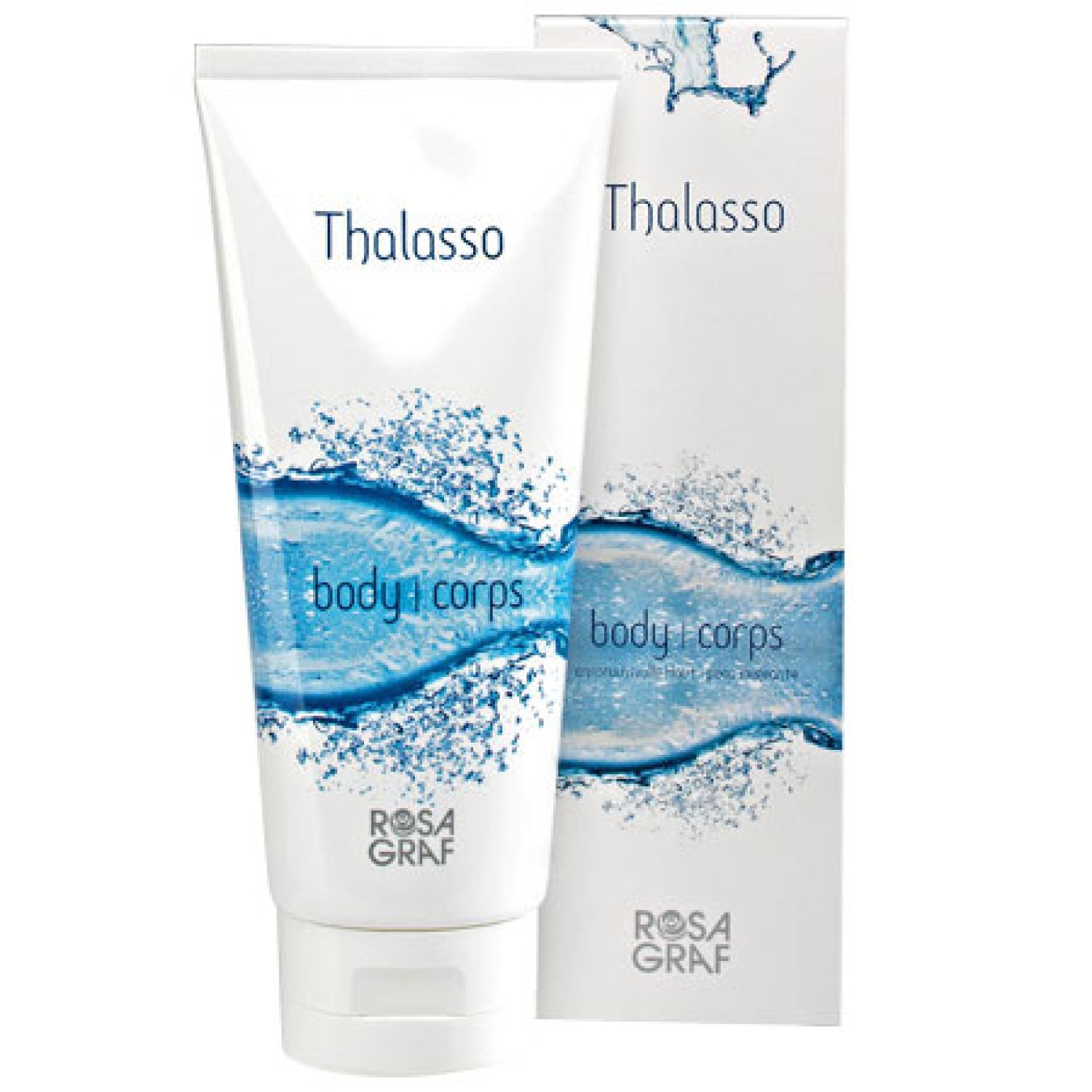 Weiße Tube und Karton mit blauem Wasser-Design. Aufschrift "Thalasso body corps" und Logo "Rosa Graf".
