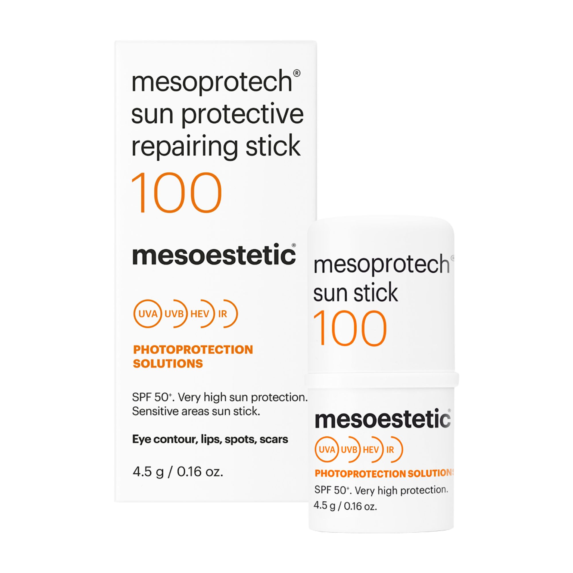 Weißer Stick und Verpackung mit Aufschrift 'mesoprotech sun protective repairing stick 100' und 'mesoestetic'.