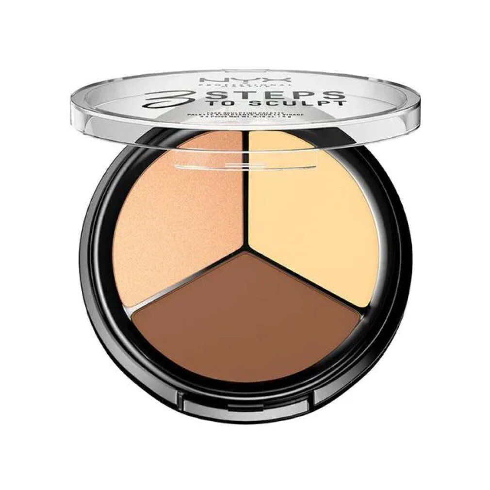 Runde Kosmetikpalette mit drei Farbtönen. Schwarzer Behälter mit transparentem Deckel. Auf dem Deckel steht "3 STEPS TO SCULPT".