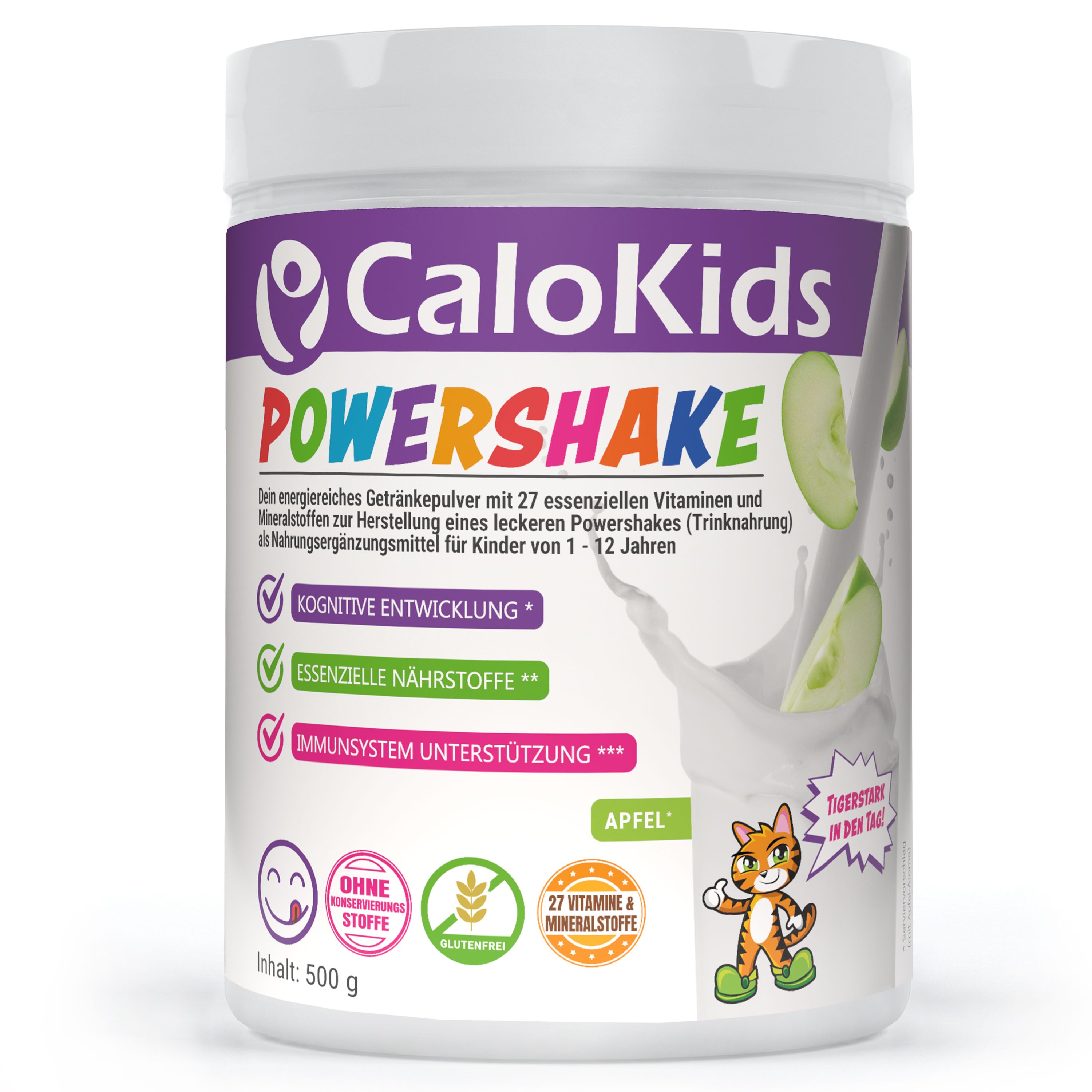Weiße Dose mit CaloKids Powershake. Aufschrift: 27 Vitamine & Mineralstoffe. Enthält Apfel. Für Kinder von 1-12 Jahren.