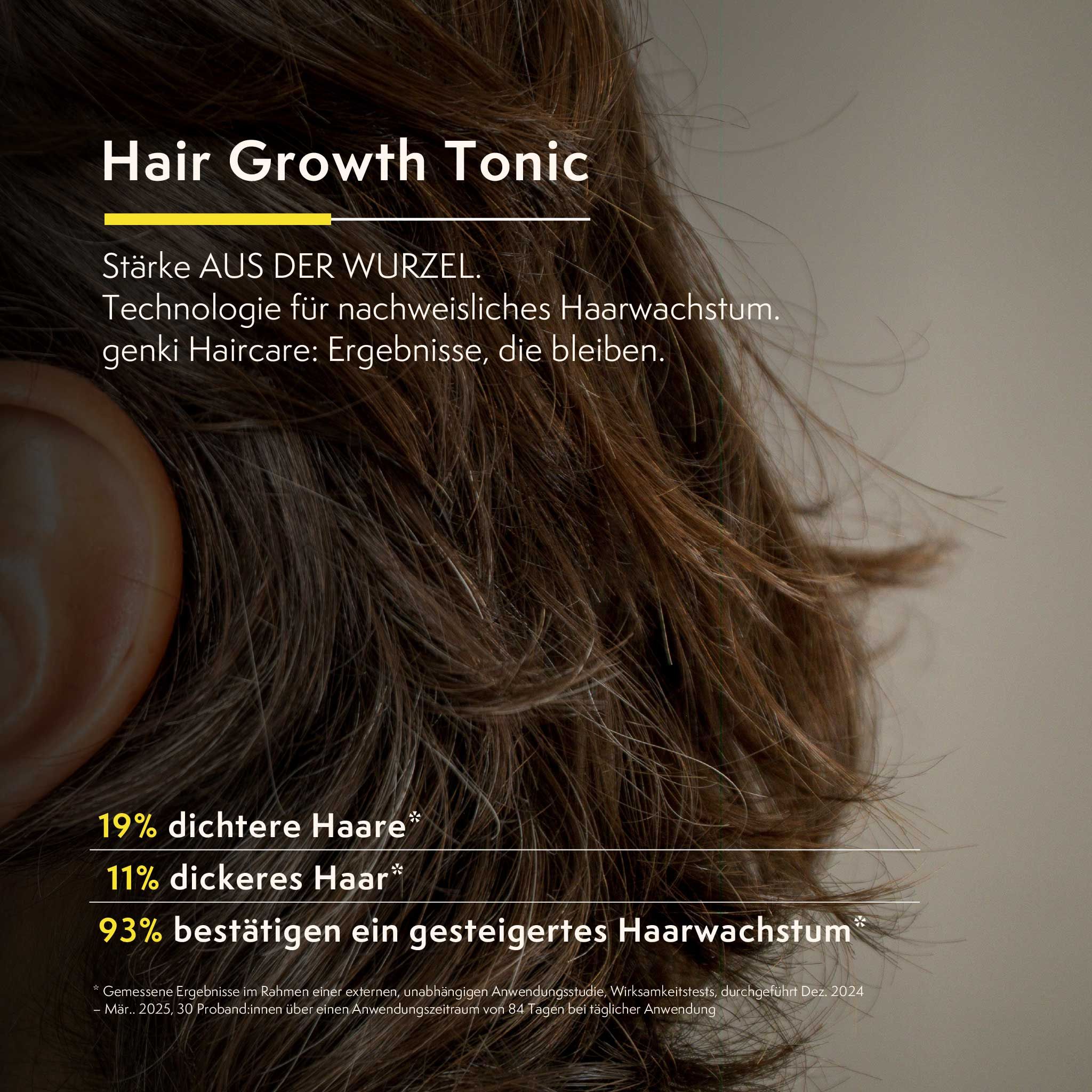 Haar mit Text. Text: Hair Growth Tonic, Stärke aus der Wurzel. Ergebnisse, die bleiben. Prozentangaben zu dichterem Haar.